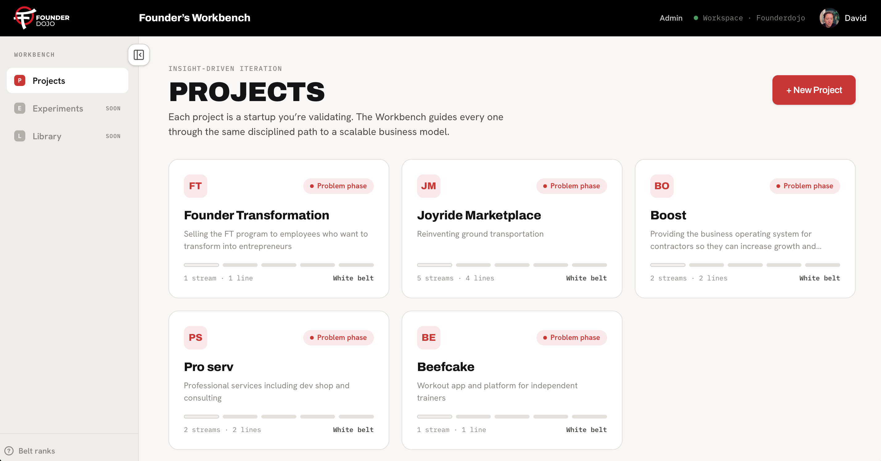 Founder's Workbench Projects list